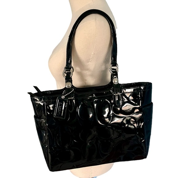 Coach Signature Embossed Black Patent Leather Tote Shoulder Bag Satchel F16564 - Picture 2 of 12
